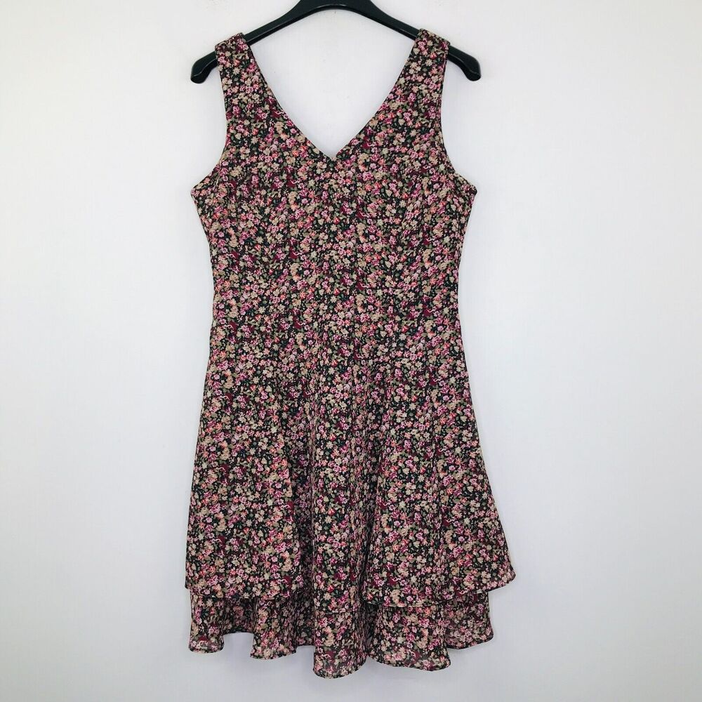 CDC Women's 6 Mini Dress Black Red Floral Layered Tiered V-Neck Tank Sheath CJ18